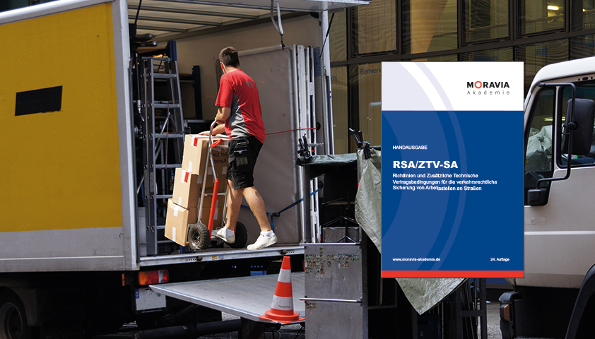 RSA gelten auch für Umzugsunternehmen Man bringt Kartons mit Sackkarre in Laster und Cover der Handausgabe für Verkehrssicherung