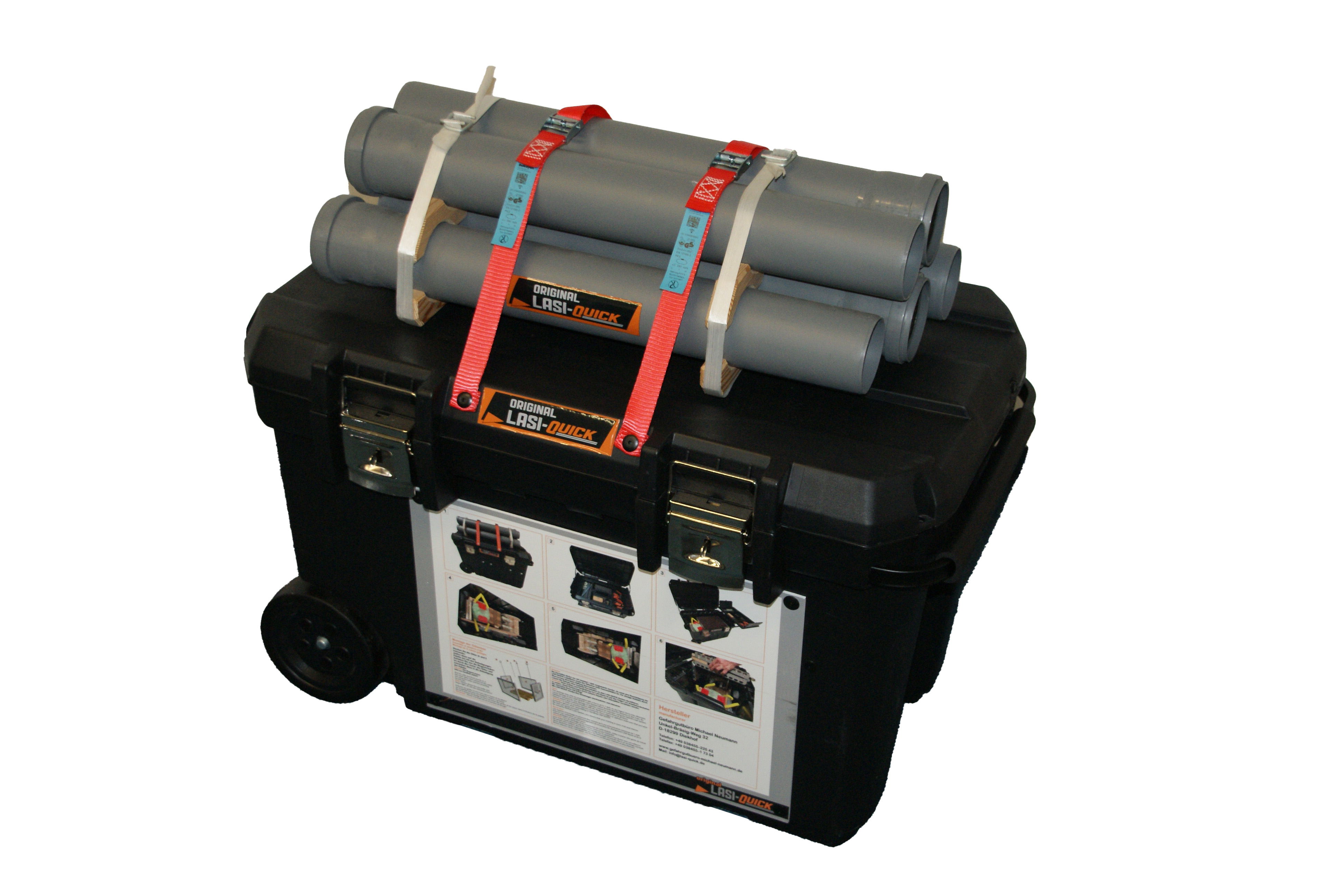 LaSi Quick Trolley Schwarzer Trolley mit Rolensicherung auf dem Deckel.