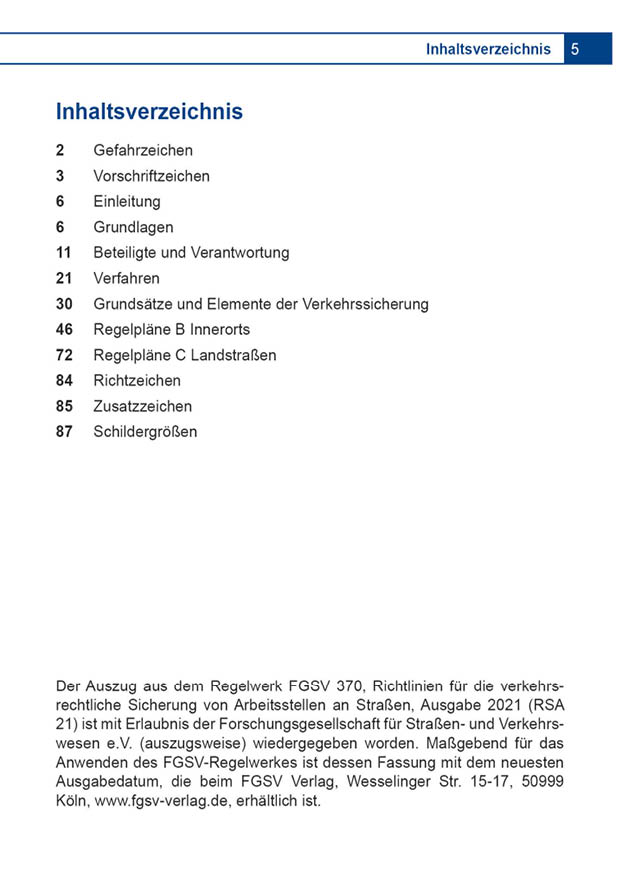 Inhaltsverzeichnis Verkehrsrechtliche Anordnung für Arbeitsstellen an Straßen