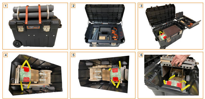 6 Bilder die eine schwarze Box zeigen mit dem Inhalt