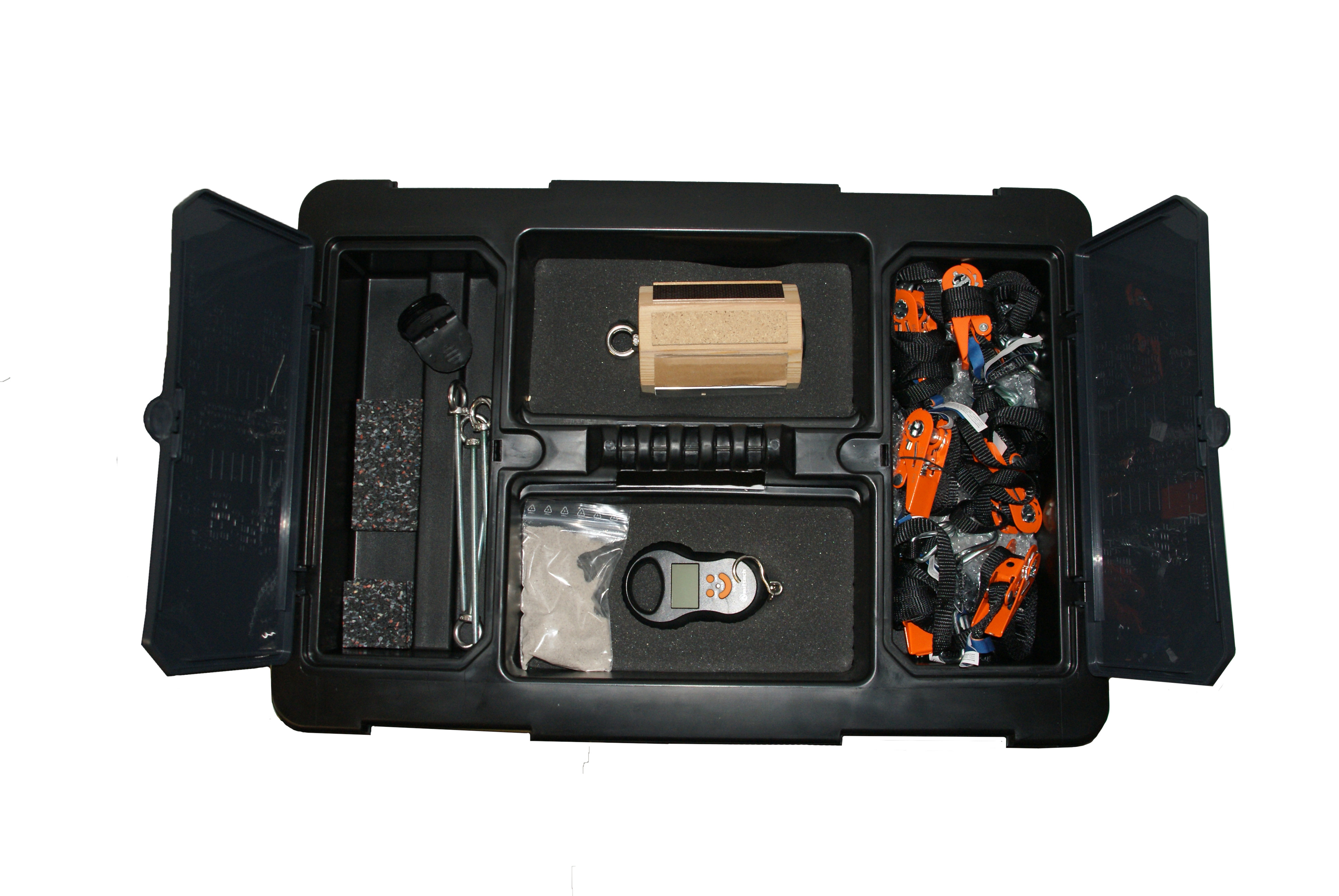 LaSi-Quick Zubehöreinsatz Schwarzer Trolleyeinsatz mit Unterteilungen, in denen Zurrgurte, Rutschmatten und LaSi Quick μ liegen.