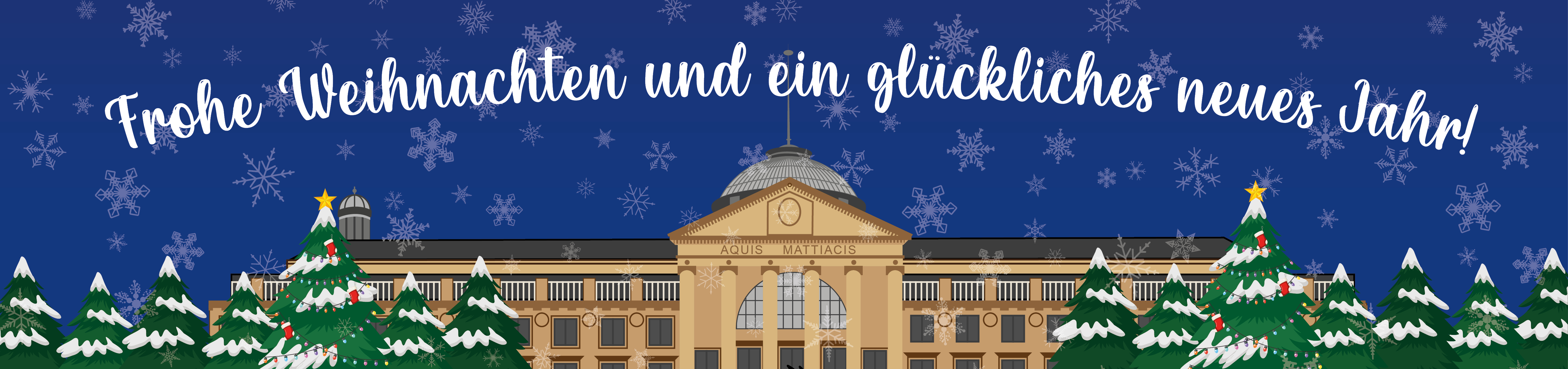 MORAVIA Akademie wünscht frohe Weihnachten, im Hintergrund ist das Kurhaus Wiesbaden skizziert.