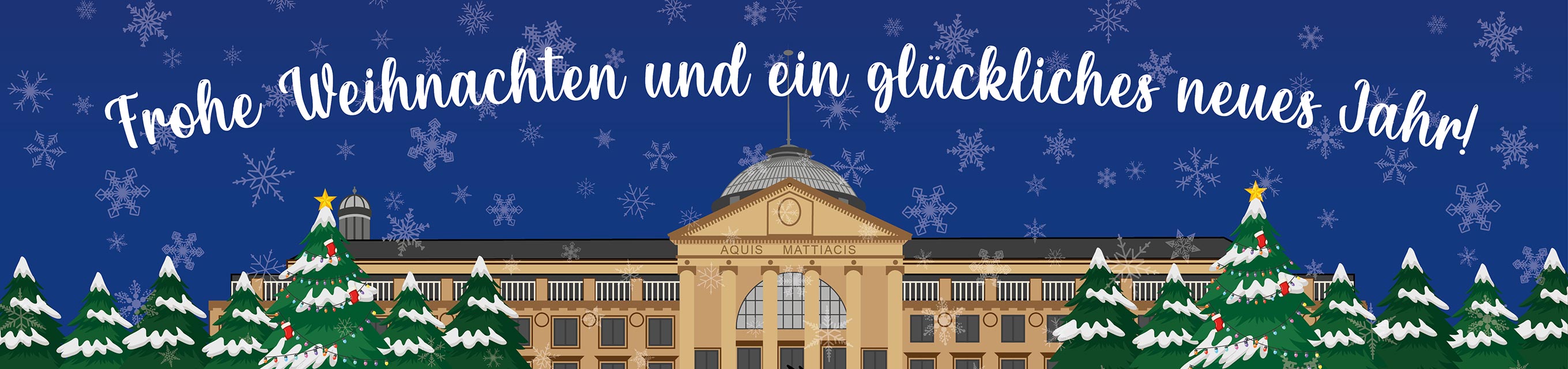 MORAVIA Akademie wünscht frohe Weihnachten, im Hintergrund ist das Kurhaus Wiesbaden skizziert.