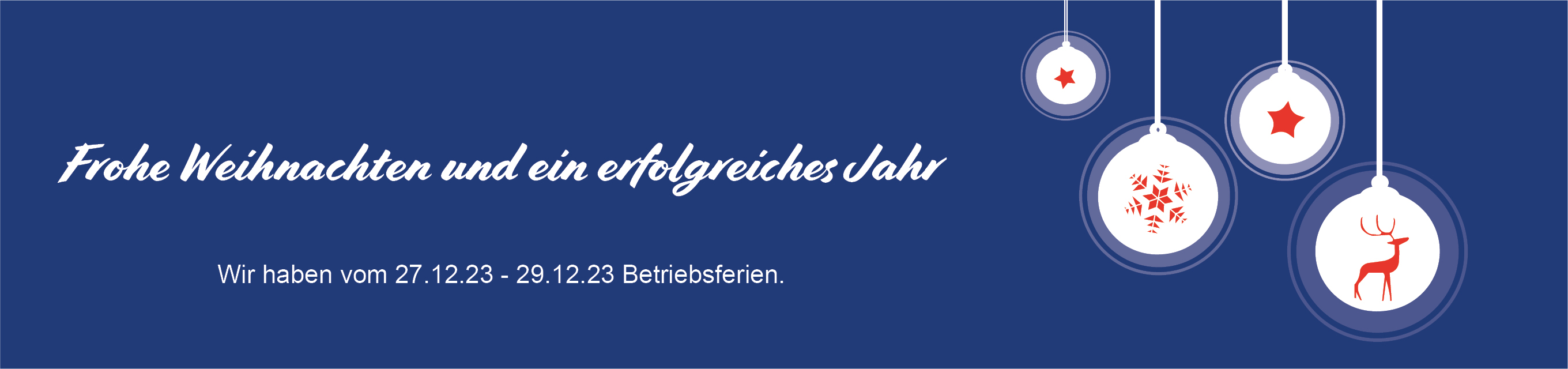 Die MORAVIA Akademie wünscht schöne Weihnachten 2023 und ein gutes neues Jahr!   Weihnachtskarte mit festlichen Ornamenten und Wünschen für ein erfolgreiches Jahr 2024, mit Schneeflocken- und Rentiermotiv auf blauem Hintergrund.