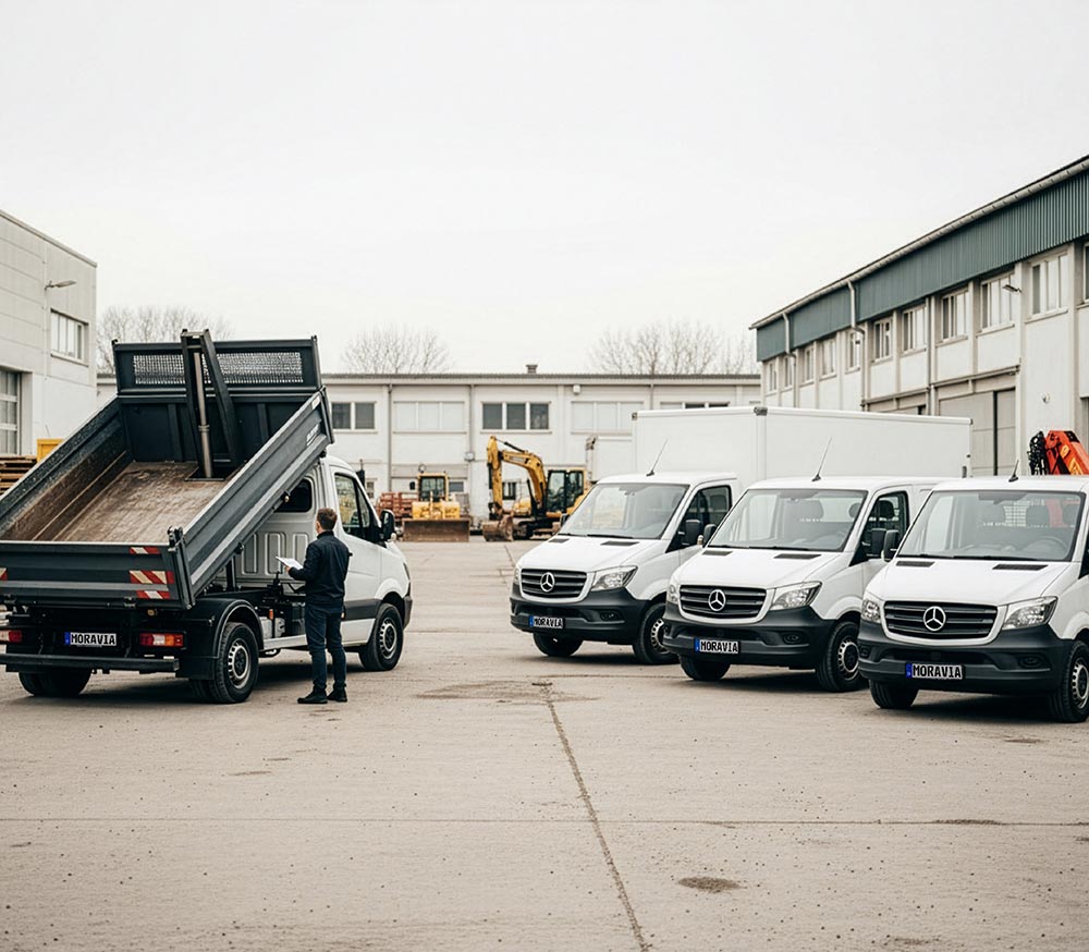 Mercedes-Benz Transporter mit verschiedenen Aufbauten sind in einem Hof geparkt, während eine befähigte Person mit Klemmbrett prüft die Fahrzeuge.