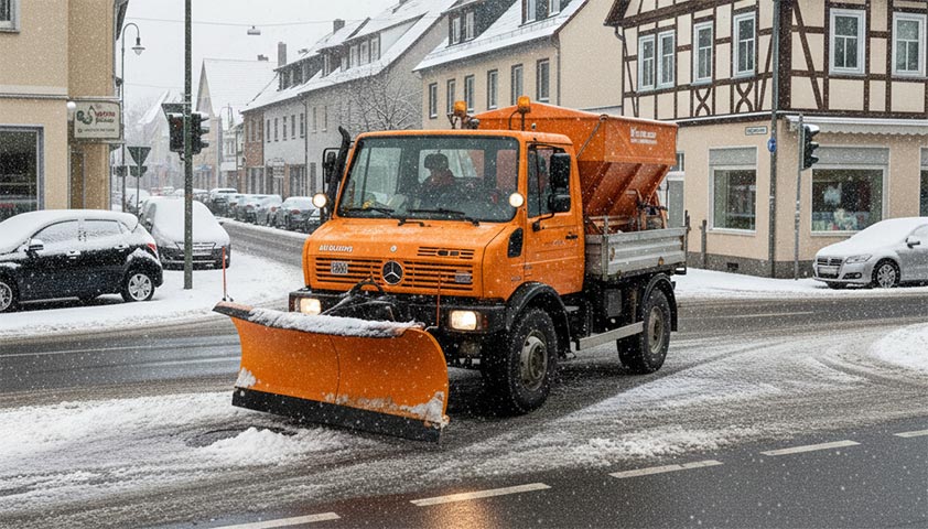 Fahrzeug des Bauhof ist eine Straße am räumen und streuen.