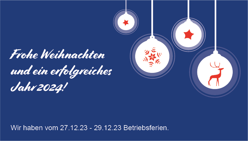 Weihnachtskarte mit festlichen Ornamenten und Wünschen für ein erfolgreiches Jahr 2024, mit Schneeflocken- und Rentiermotiv auf blauem Hintergrund.
