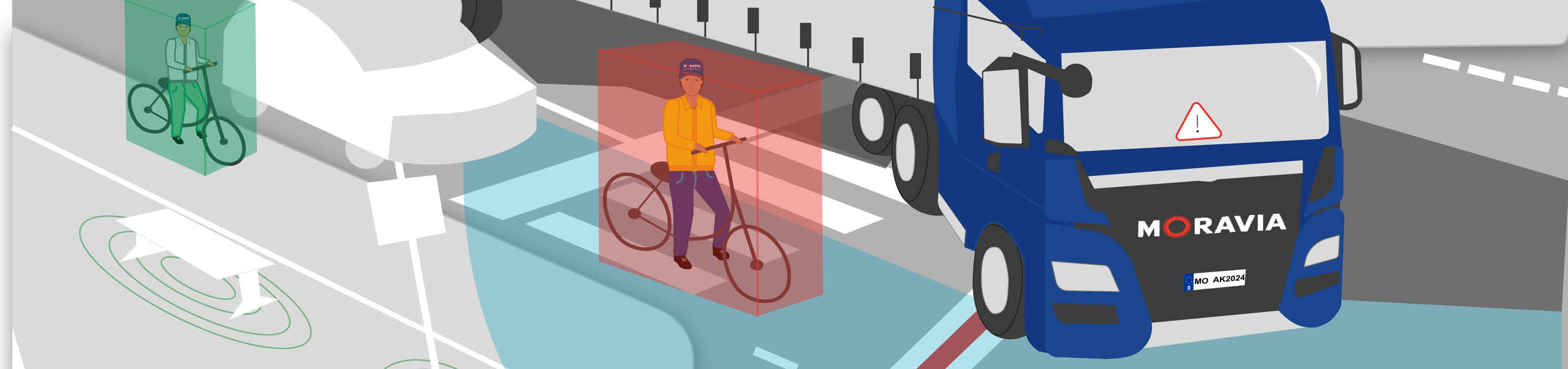 Abbiegeassistenten ab sofort Pflicht Ein LKW wird durch sein Fahrerassistenzsystem vor dem Fahrradfahrer neben ihm gewarnt.