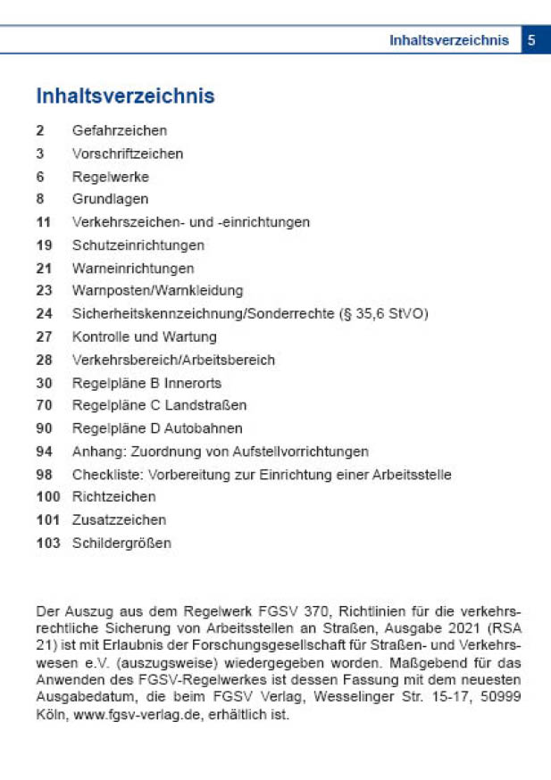 Inhaltsverzeichnis der Broschüre Baustellensicherung an Straßen