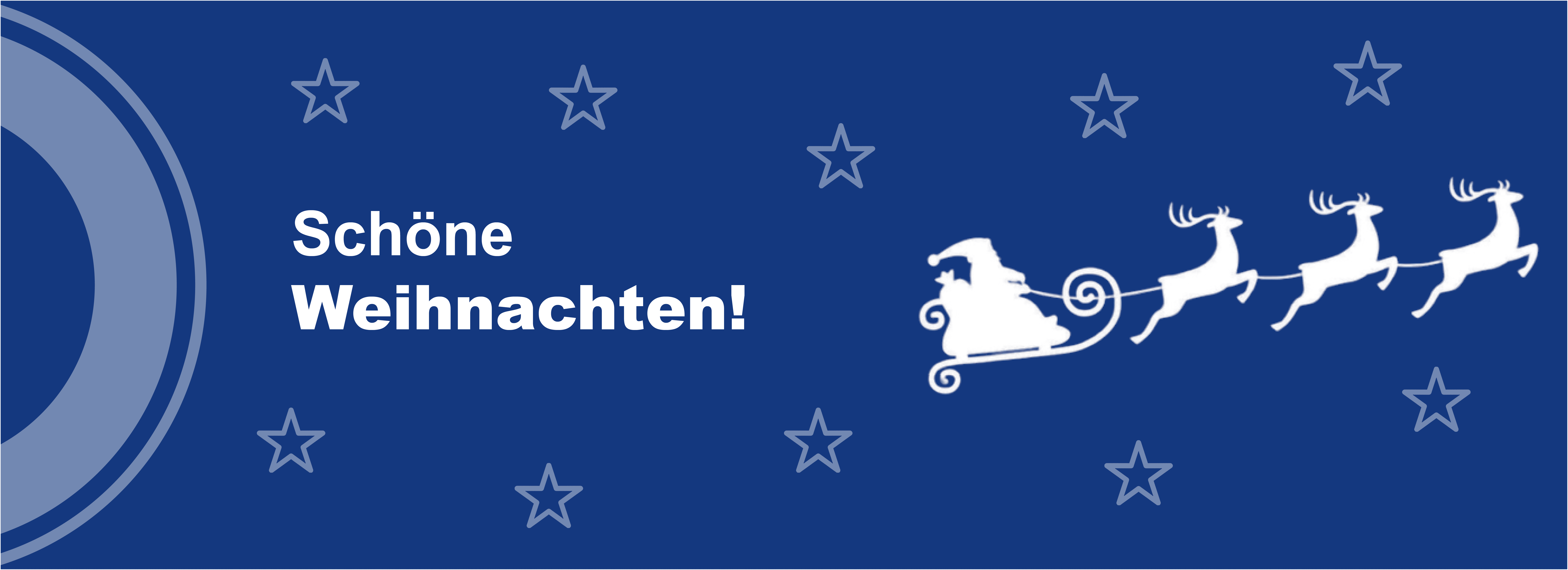 Die MORAVIA Akademie wünscht schöne Weihnachten und ein gutes neues Jahr! Festliche Weihnachtskarte mit der Botschaft „Schöne Weihnachten!“ und eine Illustration des Weihnachtsmanns in einem von Rentieren gezogenen Schlitten vor einem sternenblauen Hintergrund.
