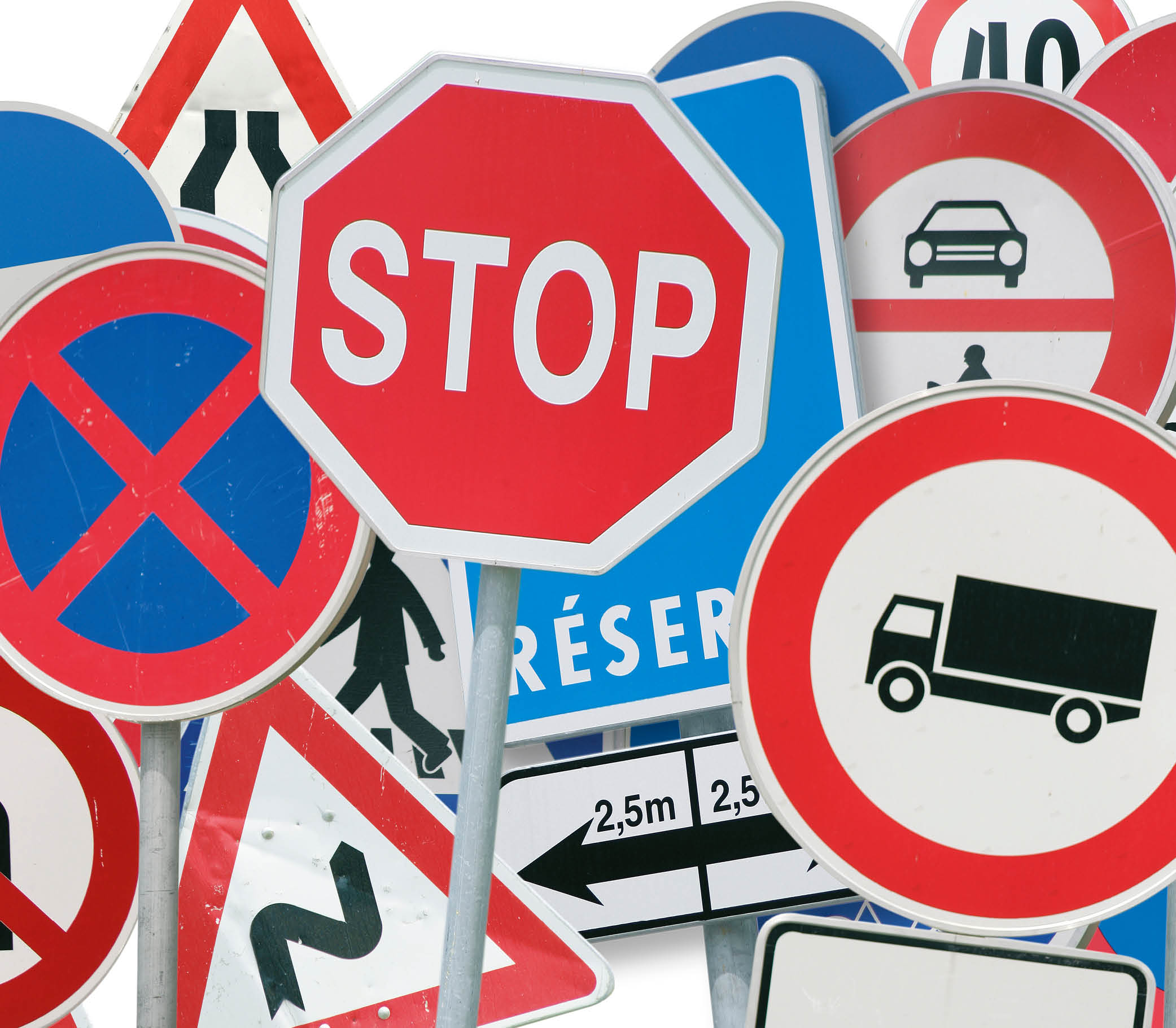 HAV Schulungen Eine Sammlung von Verkehrsschildern auf weißem Hintergrund, die verschiedene Verkehrsregeln und Hinweise darstellen.