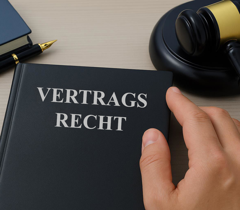 Nahaufnahme eines Buches mit der Aufschrift „Vertragsrecht“, das von einer Hand gehalten wird; daneben liegen ein Richterhammer sowie ein Füller auf einem Schreibtisch.