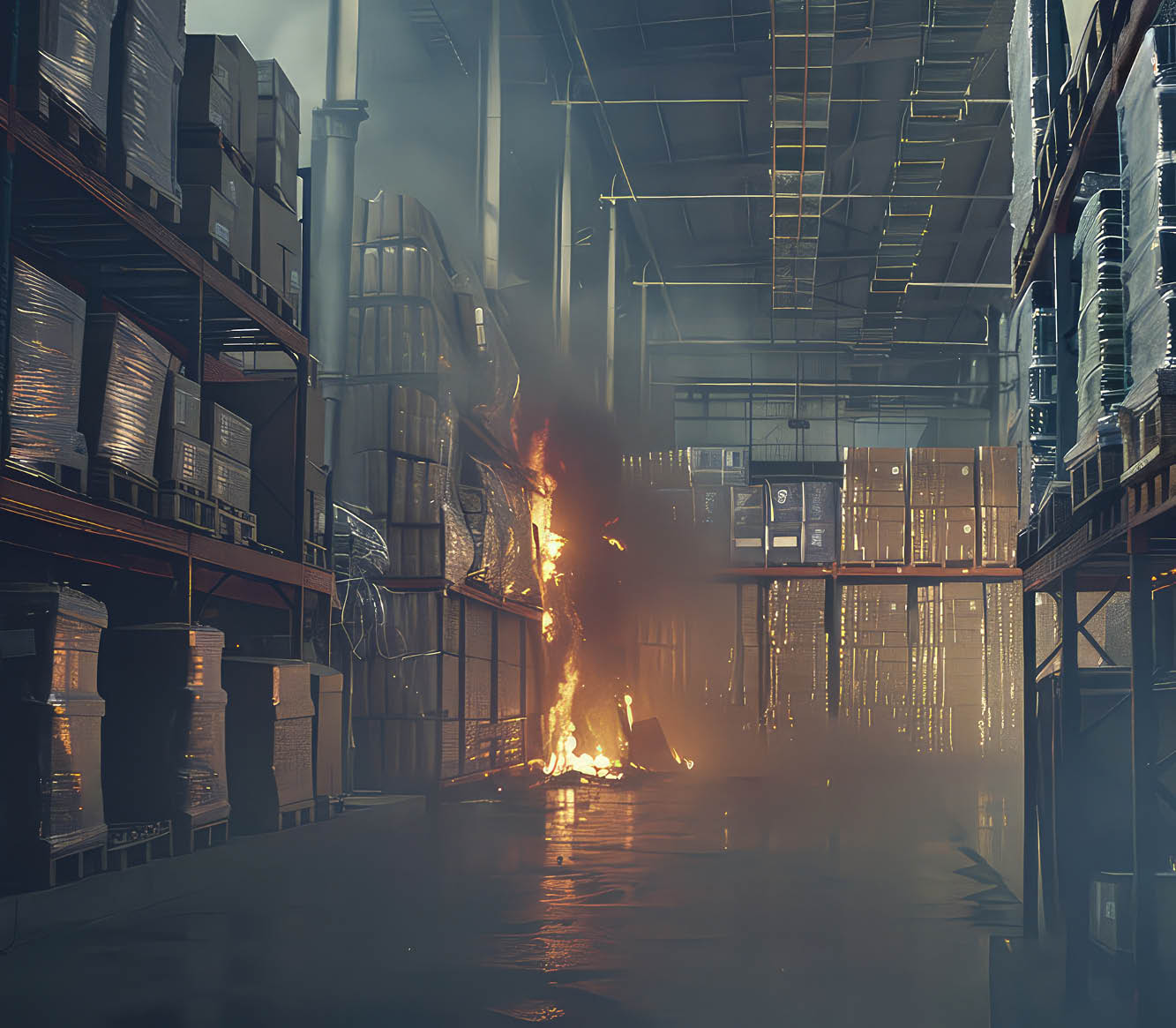 Brandschutzhelfer mit Zusatzqualifikation zum Umgang bei Lithium-Brand In einem Lagerhaus brennt und raucht es.