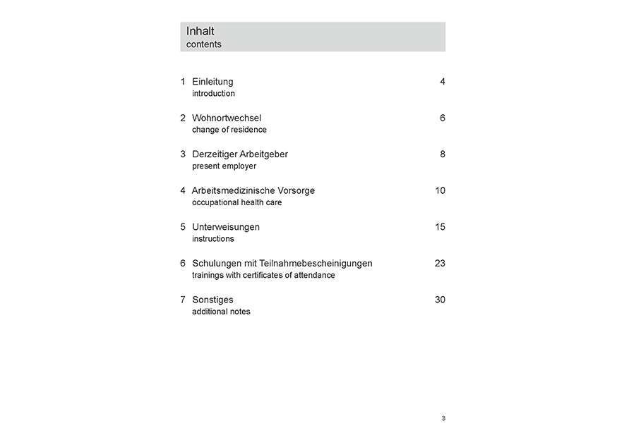 Inhaltsverzeichnis des Sicherheitspasses mit Kapiteln zu Einleitung, Wohnortwechsel, Arbeitgeber, arbeitsmedizinischer Vorsorge, Unterweisungen, Schulungen und sonstigen Notizen.