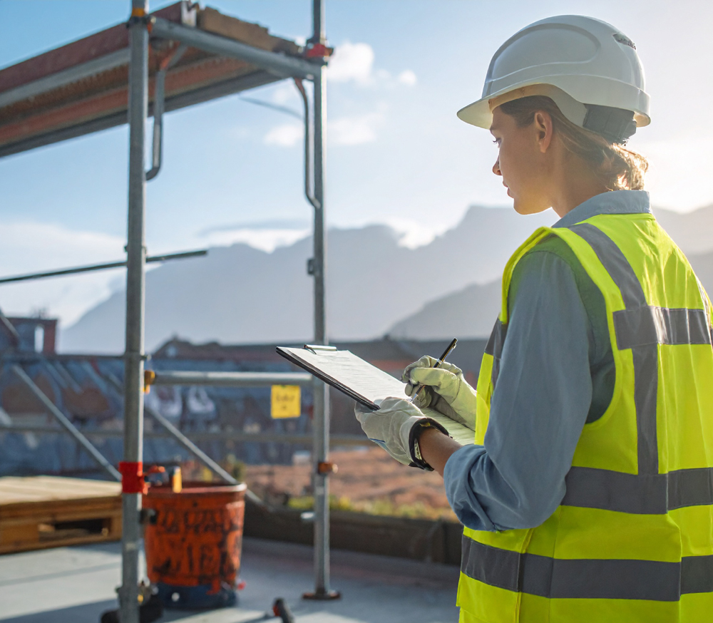 Eine Person mit Sicherheitshelm, Warnweste und Handschuhen steht vor einem Baugerüst und hält eine Checkliste. Im Hintergrund sind Gerüste, Baumaterial und Berge zu sehen