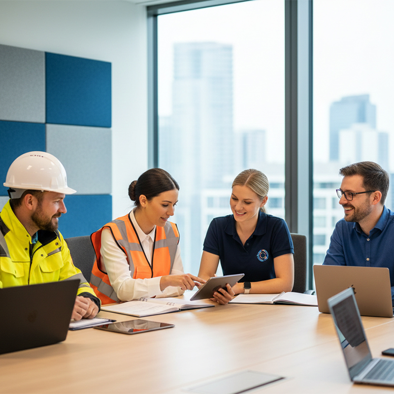 4 Personen unterschiedlicher Branchen sitzen in einem Schulungsraum zusammen.