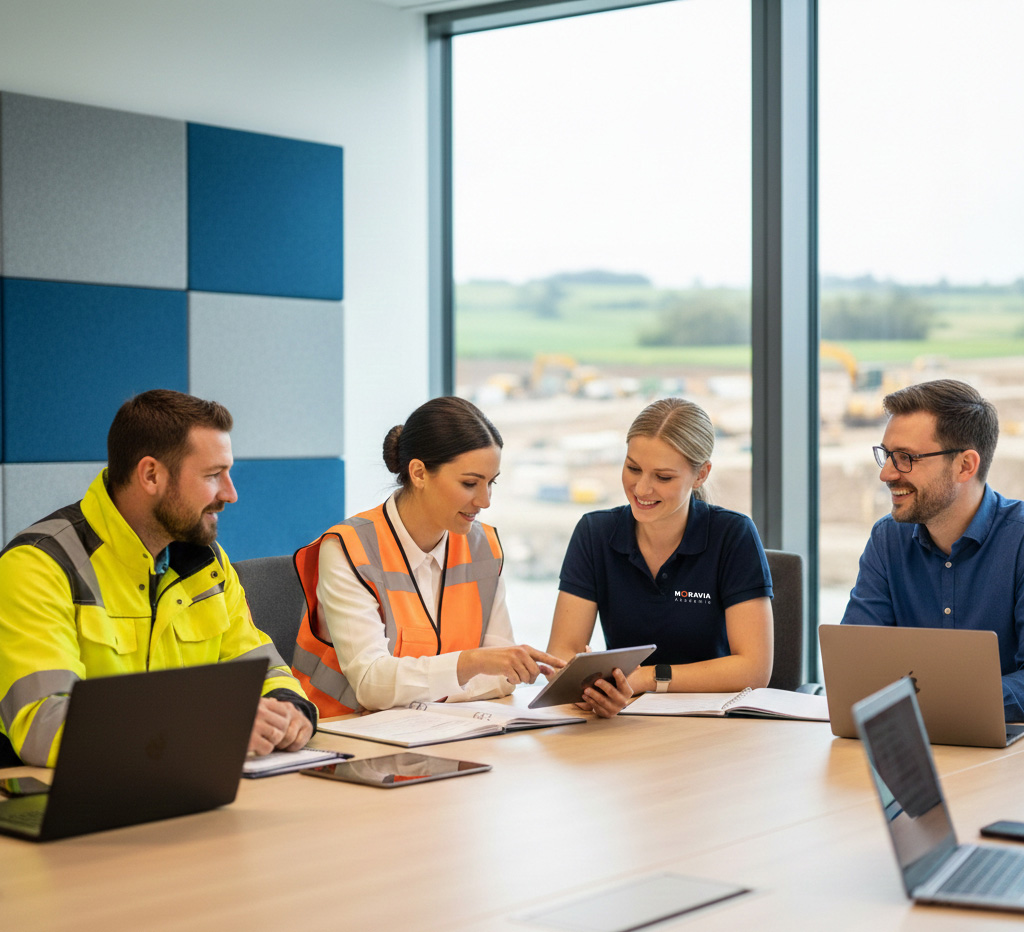 4 Personen unterschiedlicher Branchen sitzen in einem Schulungsraum zusammen.