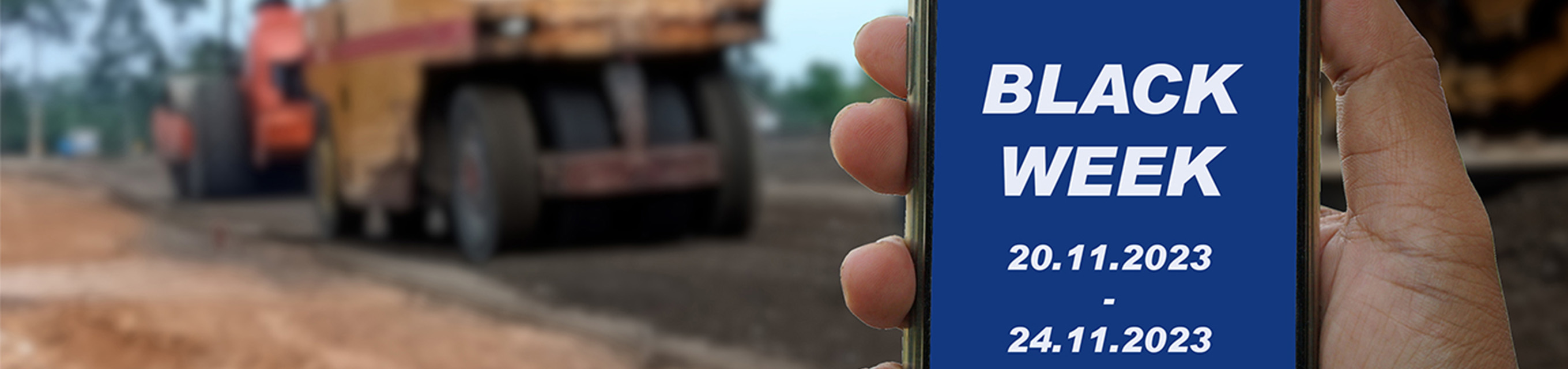 MORAVIA Akademie Aktuell: Black Friday Angebote Ankündigung der Black Week auf einem Handy, im Hintergrund ist eine Baustelle zu sehen.